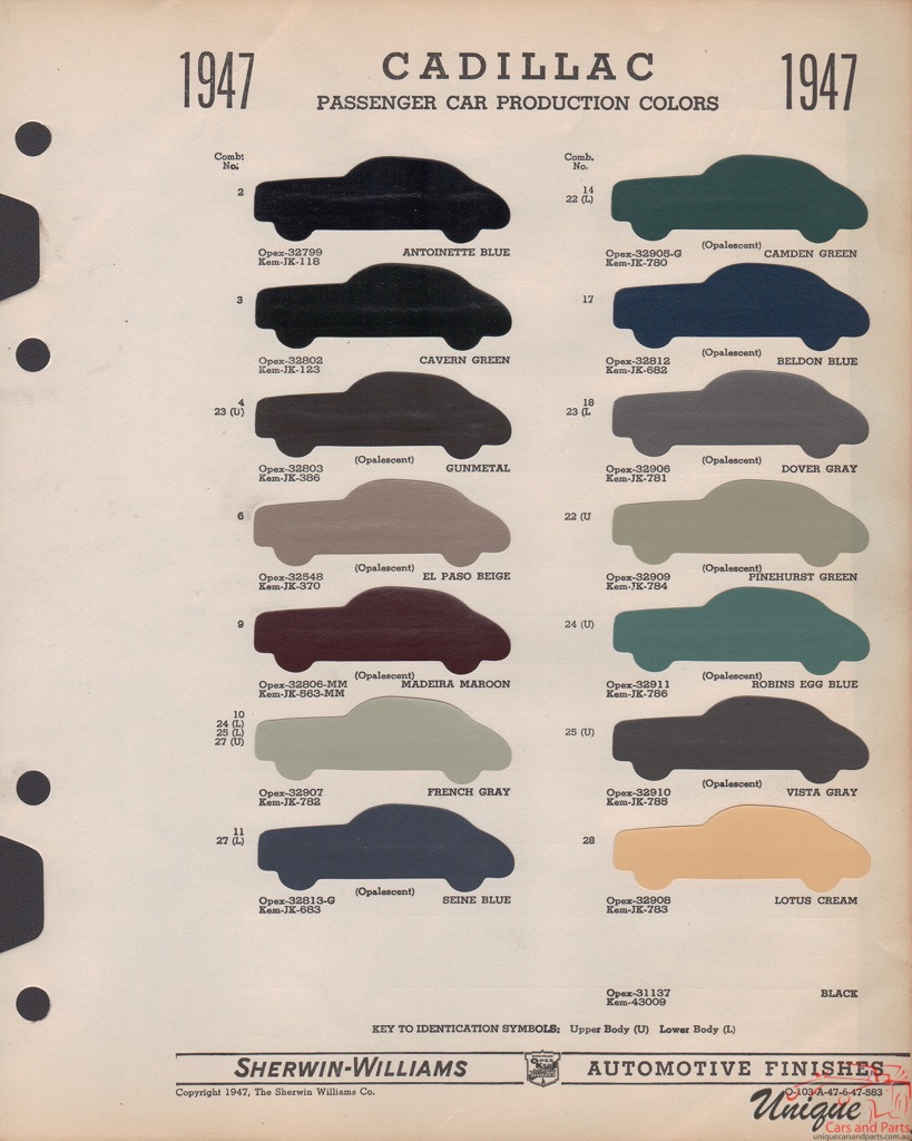 1947 Cadillac Paint Charts Williams 1